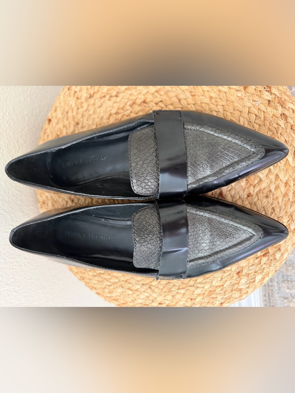 Ivanka Trump Black Leather Loafers with Textured Vamp